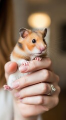 Adorable golden hamster held gently in human hands, looking curious.