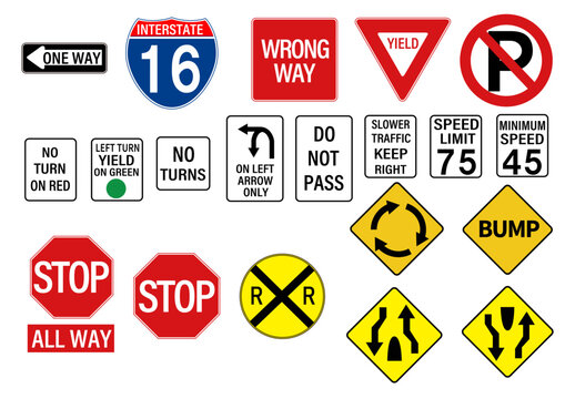 A comprehensive collection of various American road signs, including regulatory, warning, and informational signs for traffic control and safety.