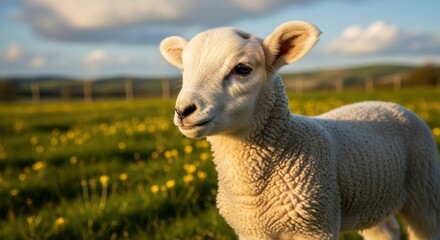 Adorable Lamb Grazing in a Sunny Meadow with Yellow Flowers.