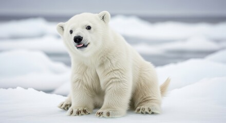 Adorable Polar Bear Cub Sitting on Ice Floe.