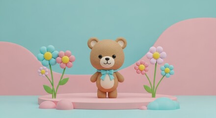 Adorable Teddy Bear with Flowers on Pastel Background.