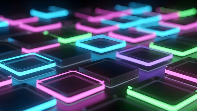 Isometric grid of glowing neon square frames in blue and pink. Hardware circuitry and modular technology. Illuminated glass tiles arranged in a repetitive geometric pattern.