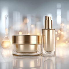 Naklejka premium Elegant skincare products displayed against a soft-focus background, highlighting luxury and beauty for skincare enthusiasts and consumers.