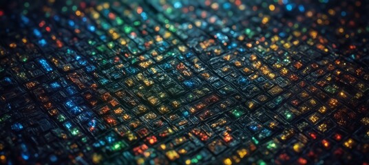 abstract colorful grid of glowing digital blocks with depth and intricate detail.