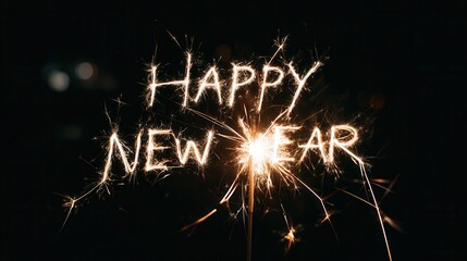 Happy new year written with sparklers in the dark