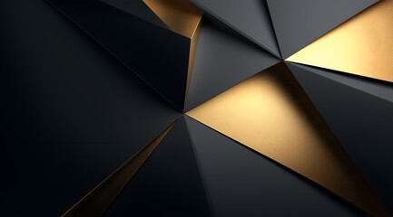 An abstract composition of black and gold geometric shapes intersecting to create a modern and sleek aesthetic, perfect for design backgrounds.