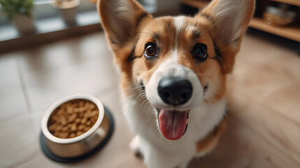 A cheerful corgi dog sits happily beside its food bowl, showcasing its adorable face and playful nature, embodying joy and companionship in a cozy home.