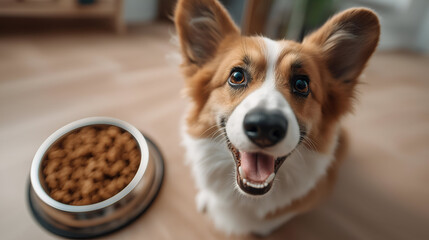 A happy corgi dog sits beside its food bowl, showcasing a joyful expression and playful personality. Perfect for pet lovers and animal enthusiasts.