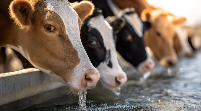 A serene scene of cows drinking water at a trough, showcasing their unique colors and expressions in a tranquil farm setting, epitomizing rural life and agriculture.