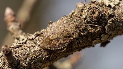 Camouflaged Insect Blending Seamlessly with Tree Bark Texture.
