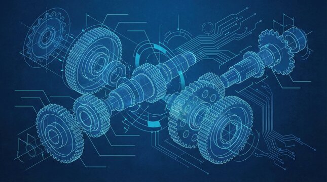 Mechanical blueprint style illustration of industrial gears and cogs in motion,concept of machine engineering,mechanism,technical design and digital manufacturing technology