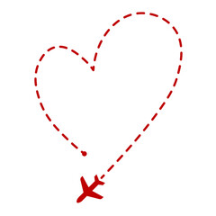 Airplane flight path in the Heart shape, isolated on a transparent background. Vector illustration for Happy Valentine's Day. Ideal for designs related to love travel, tourism, or romantic adventures
