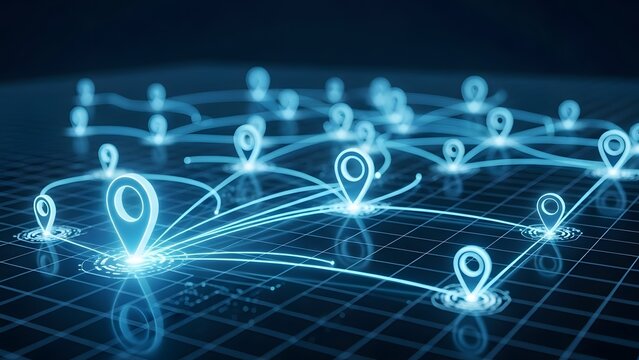 Glowing blue location pin icons connected on a digital grid map. Logistics tracking and navigation systems. Geographical network linking different points across a virtual floor