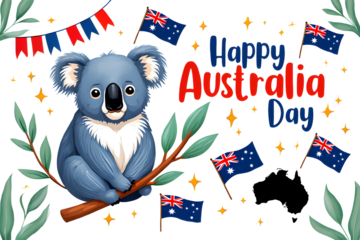 Koala celebrating happy australia day isolated on transparent background