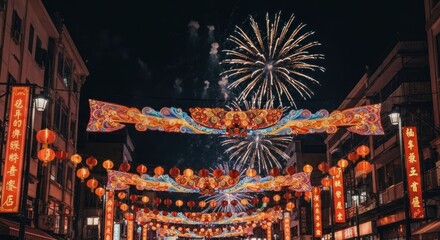 Night street scene with decorations and fireworks