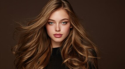 Fototapeta premium Young caucasian female with long flowing hair and captivating green eyes.