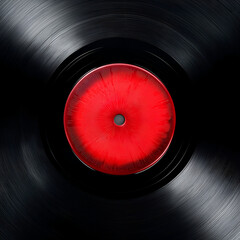 A close-up of a spinning vinyl record with a vibrant red center. The contrast of black and red creates a captivating visual perfect for music lovers.