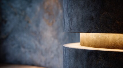 Close-up of a lampshade on a wooden table. the lamp is made of a dark grey fabric with a textured surface, and it is turned on, casting a warm glow on the light.