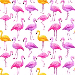 Naklejka premium Colorful Flamingo Pattern on White Background, endless seamless texture rapport element