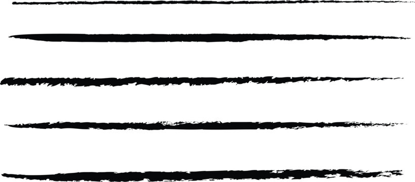 Hand drawn horizontal brush lines on white background. Rough ink strokes with textured edges creating divider elements. Grunge linear accents for layouts, notes, and graphic design. 