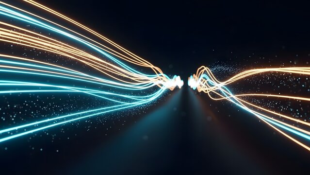 Symmetrical data stream and cloud computing synchronization. Network infrastructure and architecture. Parallel glowing lines of light meeting in a central vanishing point