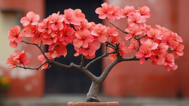 Vibrant coral bonsai with profuse blossoms
