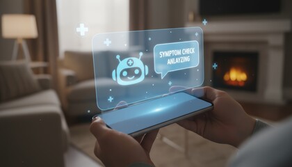 Person using smartphone with AI-powered symptom checker hologram for digital diagnosis, remote healthcare consultation, and smart medical assistant technology at home.