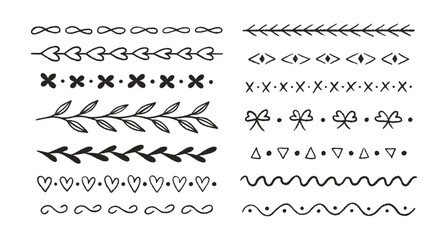 Obraz premium Flourish and dividers crayon drawn set. Black pencil drawings. Doodle chalk decorative lines, underline, strikethrough, twigs with leaves. Hand drawn symbols. Vector illustration