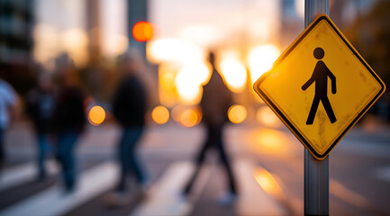 A pedestrian crossing sign stands prominently as blurred figures walk past during golden hour. The warm sunlight illuminates the scene, creating depth.