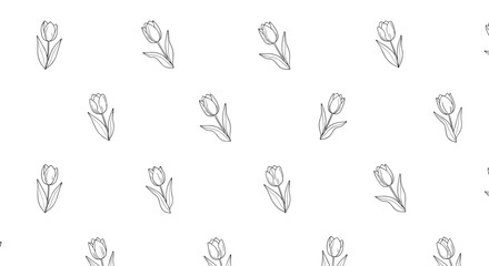 Fototapeta premium Minimalist pattern of hand drawn black and white tulip flowers with delicate leaves scattered across a plain white background.
