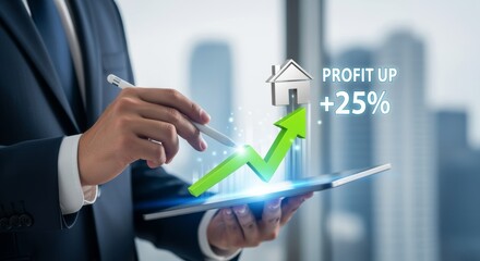 Businessman holding tablet with holographic chart showing real estate profit growth and rising property value, representing smart investment, financial success, and digital business strategy.