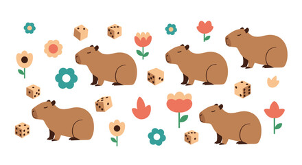 Fototapeta premium Playful illustration of capybaras surrounded by colorful spring flowers and wooden dice on a clean white background.
