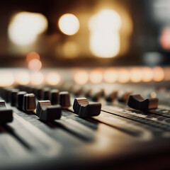 A close-up view of a sound mixer highlighting intricate details of controls and dials, set against a blurred background of warm lights.