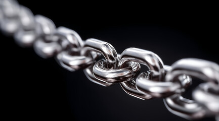 Fototapeta premium Close-up of a shiny metal chain link, showcasing its intricate details and polished surface against a dark background, symbolizing strength and connection.