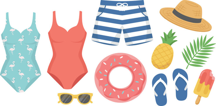 Summer Beach Essentials Illustration Set Featuring Swimsuits, Shorts, Float Ring, Straw Hat, Flip-Flops, Sunglasses, Pineapple, Palm Leaf, and Ice Pop