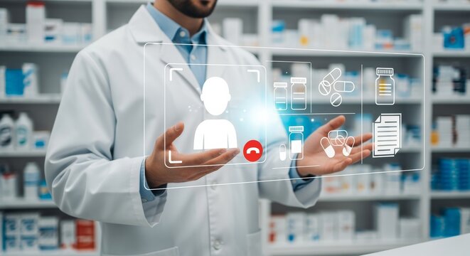 Pharmacist doctor hand with digital telemedicine consultation interface hologram and online pharmacy prescription medicine patient medication data service remote health advice system