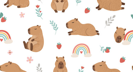 Fototapeta premium Seamless pattern featuring cute capybaras, pastel rainbows, strawberries, and small flowers on a crisp white background.