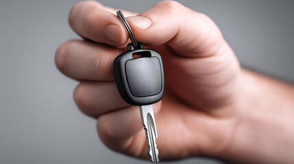 A close-up view of a person's hand holding a car key, showcasing the details and design of the key against a neutral background.