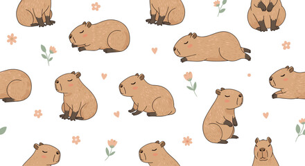 Charming seamless pattern of various capybaras in different poses among small pink flowers and hearts on white.