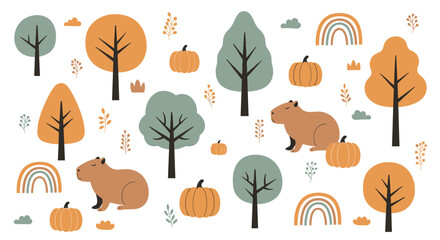 Obraz premium Autumnal seamless pattern featuring capybaras, orange pumpkins, stylized forest trees, and earthy rainbows on a clean white background design.