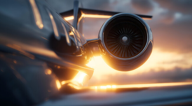 A close-up of a jet engine against a stunning sunset sky, capturing the essence of aviation technology and travel. Perfect for aviation enthusiasts.