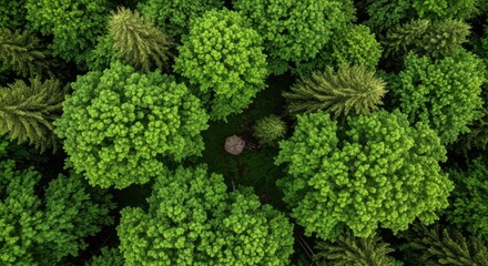 Aerial View of Lush Green Forest Canopy with Hidden Tent.