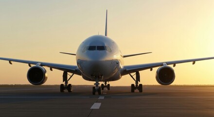 Obraz premium Plane on runway facing front, sunset glow