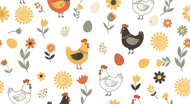 Charming seamless pattern of colorful chickens, speckled eggs, vibrant suns, and spring flowers on a bright white background for Easter decor.