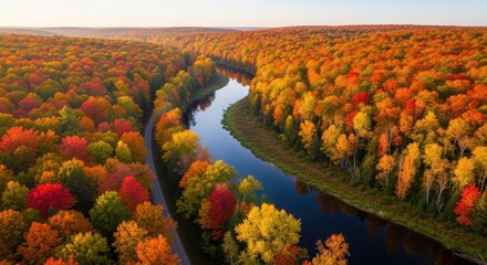 Aerial View of River Flowing Through Autumn Forest.