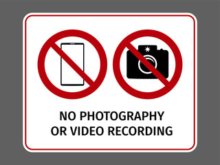 No Photography or Video Recording prohibition warning sign Vector signage for use in museums, art galleries, private events, secure facilities, theaters