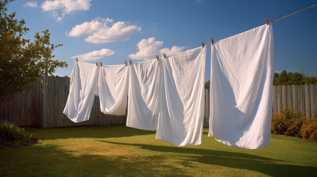 Crisp white linens fluttering on a wooden clothesline against a blue daytime sky