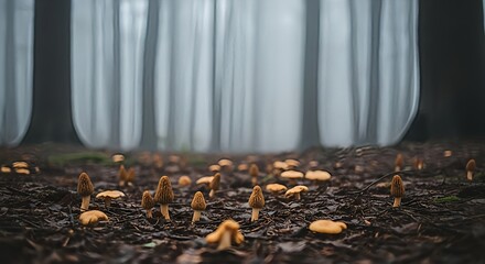 Obraz premium Close-up macro shot of small brown mushrooms growing on a mossy forest floor with a mysterious, foggy background in the wilderness.