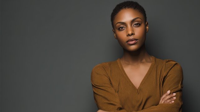 Determined, self-assured woman radiating authority against a gray backdrop