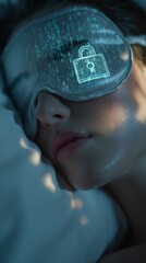 Stock photo of Cybersecurity padlock concept on screen, sleeping with eye mask, concept of Tech during World Sleep Day, soft dreamy lighting, peaceful morning, style of Authentic I
